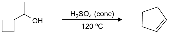 Álcool com anel de quatro carbonos ligado a carbono com OH e metila, convertido, com H2SO4 (conc) sobre a seta e 120 ºC sob a seta, em ciclopenteno com substituinte metila na ligação dupla.