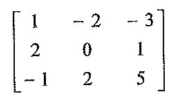 Matriz 3x3 com linhas (1, −2, −3), (2, 0, 1) e (−1, 2, 5).