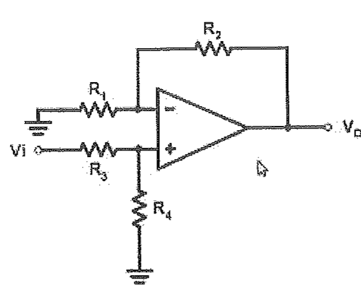 Circuito com amplificador operacional: R1 entre a terra e a entrada inversora, R2 entre a saída Vo e a entrada inversora, Vi aplicada à entrada não inversora através de R3, e R4 da entrada não inversora para a terra.