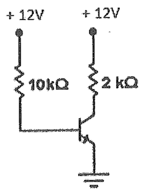 Circuito com transistor NPN em emissor comum: base ligada a +12 V por resistor de 10 kΩ, coletor ligado a +12 V por resistor de 2 kΩ e emissor aterrado.
