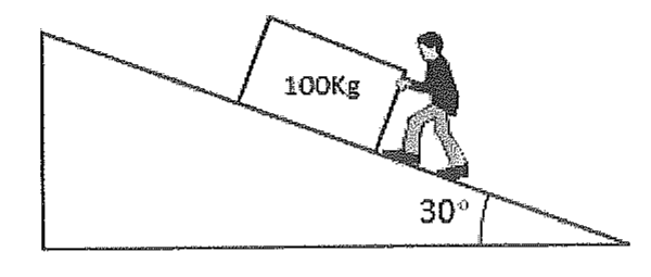 Marinheiro empurrando uma caixa de 100 kg para cima de uma prancha inclinada de 30° em relação à horizontal.