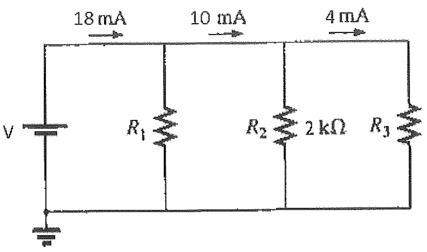 Circuito com fonte V e três resistores em paralelo R1, R2 = 2 kΩ e R3; correntes indicadas no ramo superior: 18 mA antes de R1, 10 mA entre R1 e R2 e 4 mA entre R2 e R3.