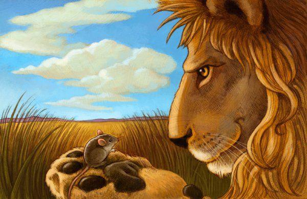 Ilustração de um leão deitado na savana olhando para um pequeno rato que está sobre a sua pata.