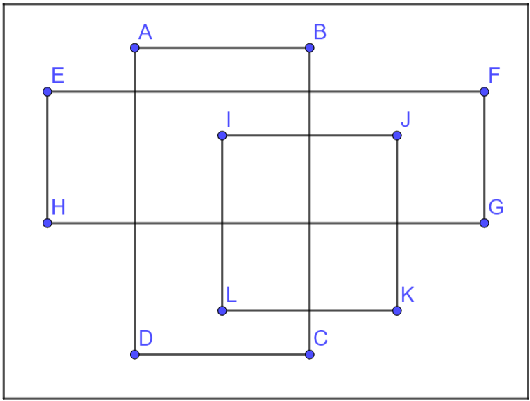 Figura com três quadriláteros sobrepostos: retângulo vertical ABCD, retângulo horizontal EFGH que o cruza e quadrado IJKL no centro, com lados paralelos aos dos retângulos.