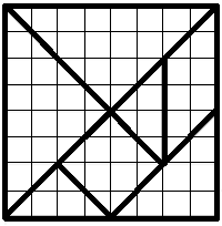 Figura 1: quadrado dividido nas 7 peças do Tangram, desenhado sobre uma malha quadriculada de 8 por 8.