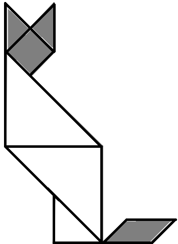 Figura 2: gato montado com as peças do Tangram; a cabeça (um quadrado com dois triângulos pequenos como orelhas) e o rabo (um paralelogramo) estão pintados de cinza.