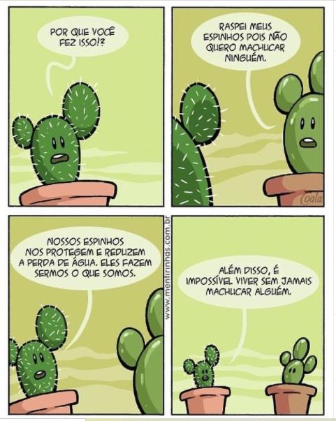 Tirinha em quatro quadros com cactos: um cacto pergunta a outro, que está sem espinhos: “Por que você fez isso!?”; ele responde: “Raspei meus espinhos pois não quero machucar ninguém.”; o primeiro diz: “Nossos espinhos nos protegem e reduzem a perda de água. Eles fazem sermos o que somos.” e “Além disso, é impossível viver sem jamais machucar alguém.”.