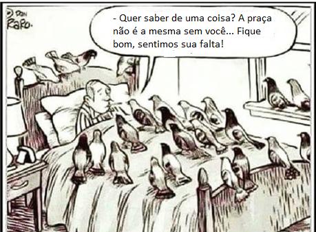 TEXTO 9: charge em que um homem doente, deitado na cama, é visitado por muitos pombos; um deles diz: “- Quer saber de uma coisa? A praça não é a mesma sem você... Fique bom, sentimos sua falta!”.