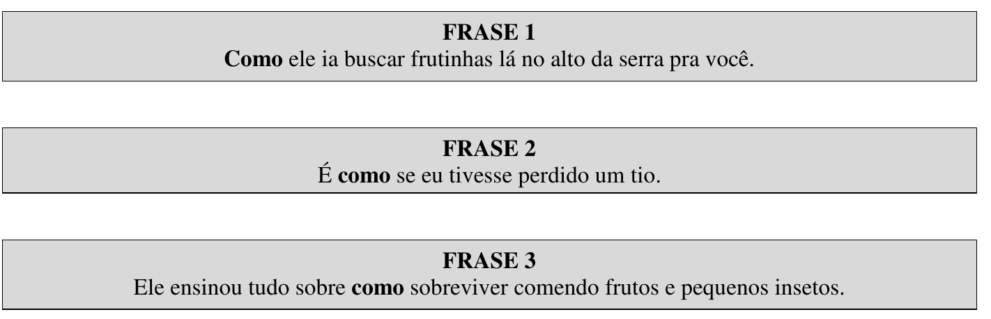 Três quadros. FRASE 1: “Como ele ia buscar frutinhas lá no alto da serra pra você.” FRASE 2: “É como se eu tivesse perdido um tio.” FRASE 3: “Ele ensinou tudo sobre como sobreviver comendo frutos e pequenos insetos.” Em cada frase, a palavra “como” está em negrito.