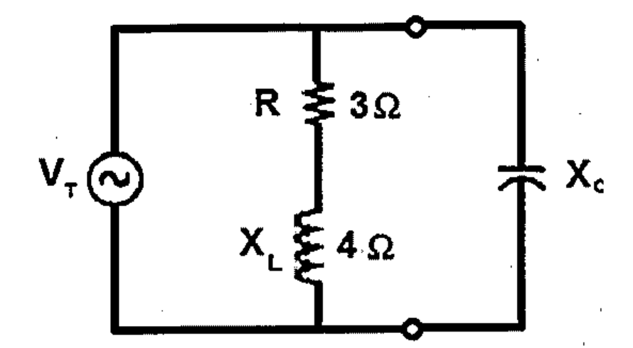 Circuito com fonte senoidal VT alimentando um ramo série com resistor R de 3 Ω e reatância indutiva XL de 4 Ω, em paralelo com um capacitor de reatância Xc.