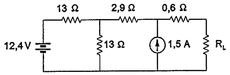 Circuito com fonte de 12,4 V, resistor série de 13 Ω, resistor de 13 Ω em paralelo, resistor série de 2,9 Ω, fonte de corrente de 1,5 A em paralelo, resistor série de 0,6 Ω e resistor de carga RL.