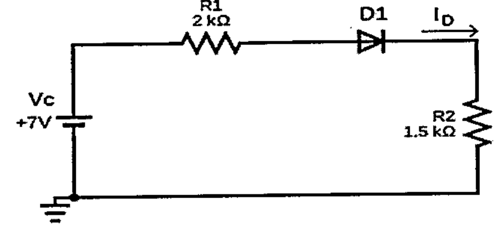 Circuito série com fonte Vc de +7 V, resistor R1 de 2 kΩ, diodo D1 diretamente polarizado e resistor R2 de 1.5 kΩ; corrente ID indicada no sentido de D1 para R2.