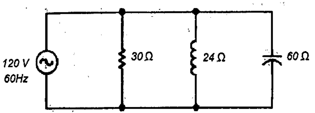 Fonte de 120 V, 60 Hz, alimentando em paralelo um resistor de 30 Ω, um indutor de 24 Ω e um capacitor de 60 Ω.