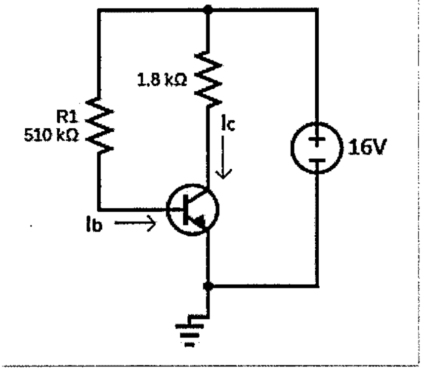 Transistor NPN com fonte de 16 V; resistor R1 de 510 kΩ da fonte à base (corrente Ib); resistor de 1,8 kΩ da fonte ao coletor (corrente Ic); emissor aterrado.