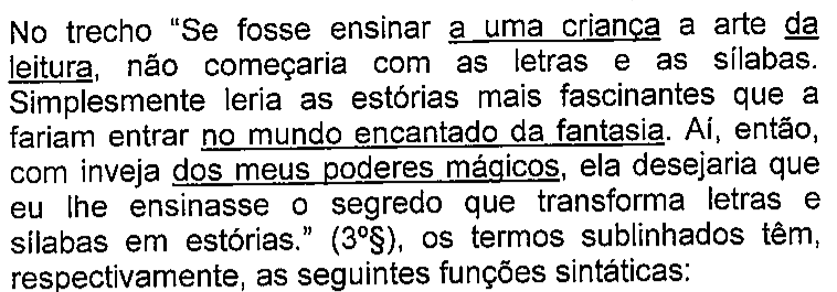 Recorte do enunciado da questão 16. Termos sublinhados, na ordem: a uma criança; da leitura; no mundo encantado da fantasia; dos meus poderes mágicos.