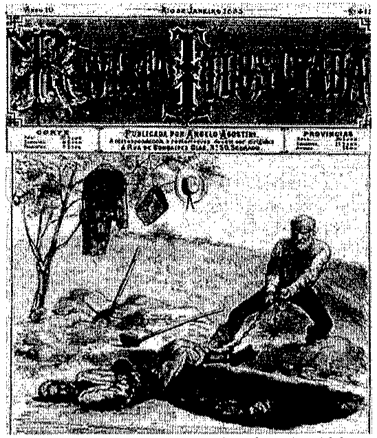 Capa da Revista Illustrada de 1885, em gravura: um homem idoso, de pé, arrasta com as mãos uma figura caída no chão, em terreno com uma árvore seca ao fundo.