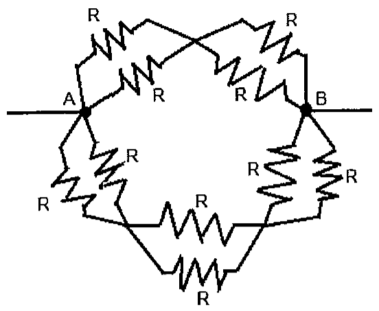 Circuito com dez resistores iguais, cada um de resistência R, ligados em diferentes ramos entre os pontos A (à esquerda) e B (à direita).