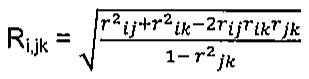 Fórmula: R índice i,jk igual à raiz quadrada de (r²ij + r²ik − 2 rij rik rjk) dividido por (1 − r²jk).
