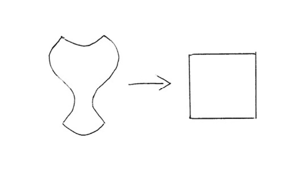 Desenho à mão livre: à esquerda, o contorno de uma taça com bordas curvas; ao centro, uma seta apontando para a direita; à direita, um quadrado.