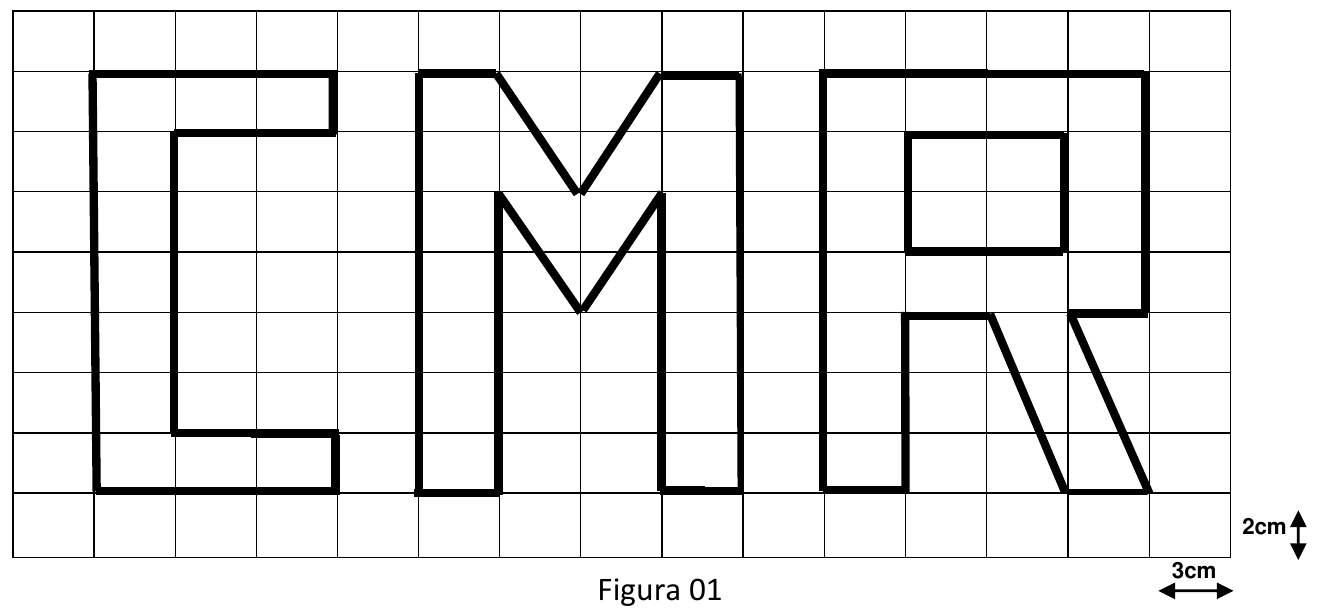 Figura 01: malha quadriculada de retângulos de 3 cm de largura por 2 cm de altura, com as letras C, M e R desenhadas em contorno destacado sobre a malha.