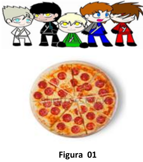 Ilustração de cinco amigos em estilo desenho animado e, abaixo, a Figura 01: pizza de calabresa inteira dividida em 8 fatias.