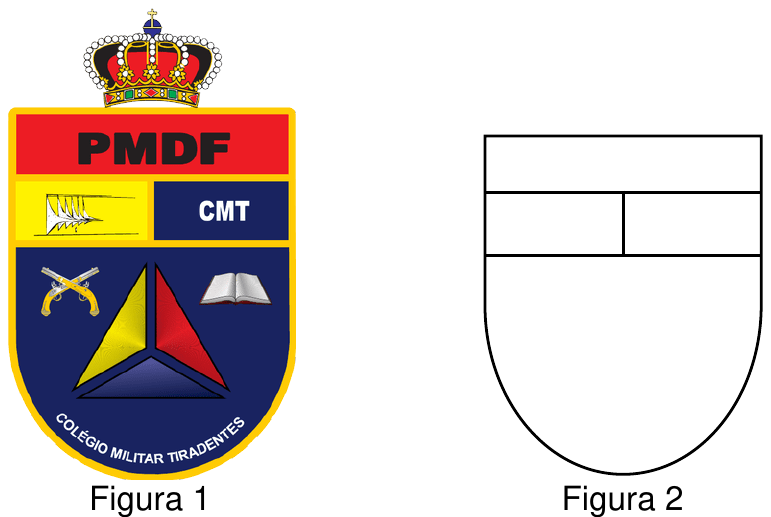 Figura 1: brasão do Colégio Militar Tiradentes em forma de escudo, encimado por coroa; faixa superior vermelha com “PMDF”, abaixo um retângulo amarelo com desenho e um azul com “CMT”; parte inferior curva (abismo) azul com pistolas cruzadas, livro aberto, triângulo em amarelo, vermelho e azul e a inscrição “Colégio Militar Tiradentes”. Figura 2: o mesmo escudo simplificado, sem cores, dividido em quatro regiões: um retângulo superior, dois retângulos lado a lado abaixo dele e a parte curva inferior.