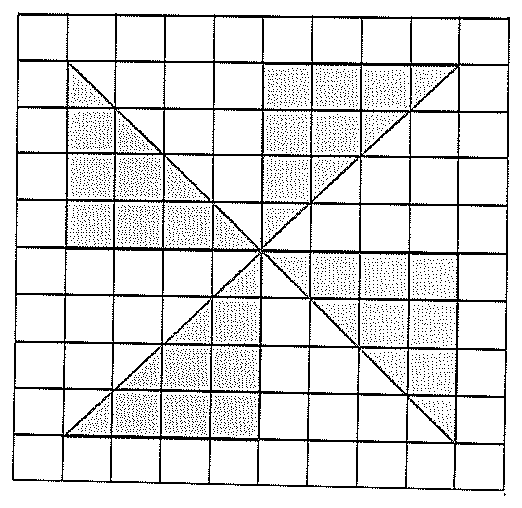 Malha quadriculada de 10 por 10 quadradinhos com uma figura sombreada formada por quatro triângulos retângulos dispostos em hélice em torno do centro da malha, cada um delimitado por segmentos das diagonais da malha.