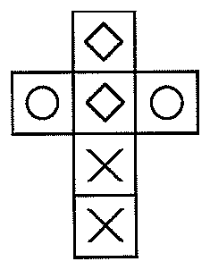 Planificação em cruz: coluna central com losango (topo), losango, X, X; à esquerda e à direita do segundo quadrado, círculos.