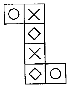 Planificação: no topo, círculo e X lado a lado; abaixo do X, em coluna, losango, X e losango; à direita do último losango, círculo.