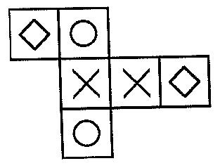 Planificação: no topo, losango e círculo lado a lado; abaixo do círculo, linha com X, X e losango; abaixo do primeiro X, círculo.