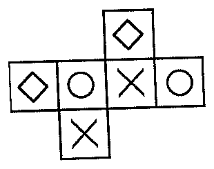 Planificação: linha com losango, círculo, X e círculo; acima do X, losango; abaixo do círculo (segundo quadrado), X.