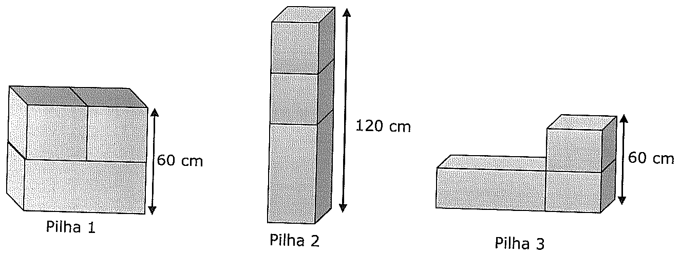Três pilhas de caixas. Pilha 1: dois cubos lado a lado apoiados sobre o paralelepípedo deitado, altura total indicada de 60 cm. Pilha 2: paralelepípedo em pé com os dois cubos empilhados sobre ele, altura total de 120 cm. Pilha 3: paralelepípedo deitado ao lado de dois cubos empilhados, altura indicada de 60 cm.