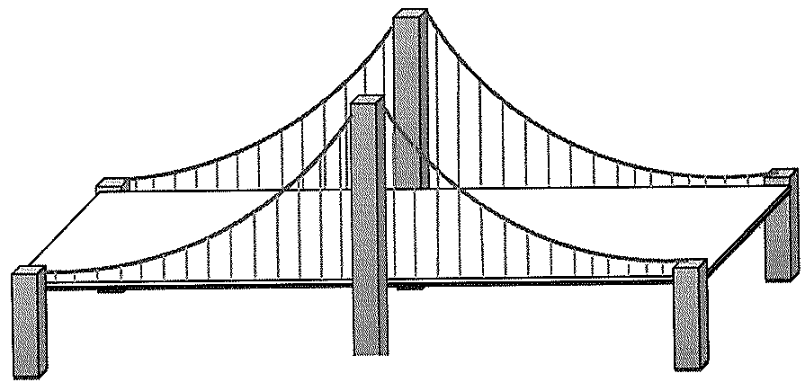 Desenho em perspectiva de uma ponte pênsil com tabuleiro retangular, dois pilares altos no meio sustentando os cabos e quatro pilares menores nos cantos do tabuleiro.