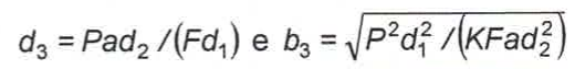 Fórmulas: d₃ = Pad₂/(Fd₁) e b₃ = raiz quadrada de [P²d₁²/(KFad₂²)].