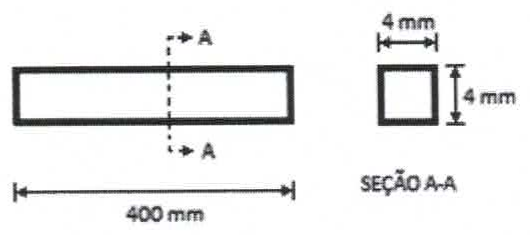 Barra de 400 mm de comprimento com corte A-A; a seção A-A é um quadrado de 4 mm por 4 mm.
