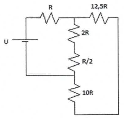 Circuito com fonte U e resistores R, 12,5R, 2R, R/2 e 10R.