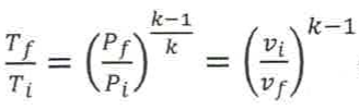 Fórmula: T_f/T_i = (P_f/P_i)^((k−1)/k) = (v_i/v_f)^(k−1).