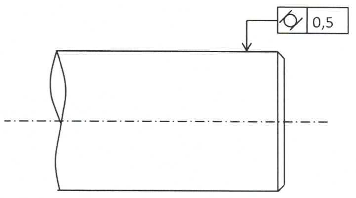 Eixo cilíndrico com linha de centro, cuja superfície é indicada por um quadro de tolerância geométrica com o símbolo de cilindricidade e o valor 0,5.
