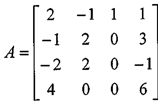 Matriz A 4×4 com linhas: (2, −1, 1, 1); (−1, 2, 0, 3); (−2, 2, 0, −1); (4, 0, 0, 6).