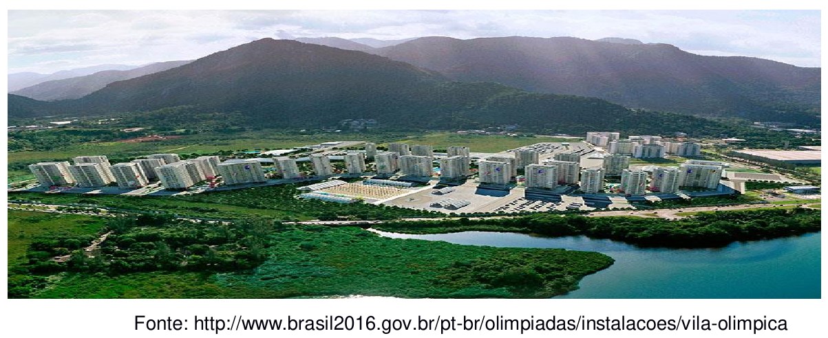 Fotografia aérea da Vila Olímpica do Rio 2016, com conjunto de prédios residenciais entre montanhas e uma lagoa. Fonte: brasil2016.gov.br.