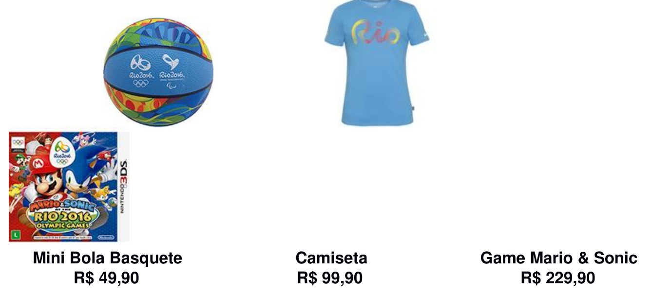 Produtos da loja oficial com preços: Mini Bola Basquete R$ 49,90; Camiseta R$ 99,90; Game Mario & Sonic R$ 229,90.
