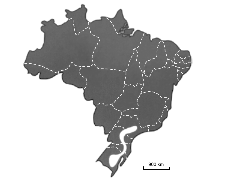 Mapa do Brasil em cinza escuro com divisas estaduais tracejadas em branco; uma faixa alongada em branco aparece no Sul do país, estendendo-se do sul de São Paulo/Paraná até o Rio Grande do Sul, na área da Bacia do Paraná. Escala de 900 km.