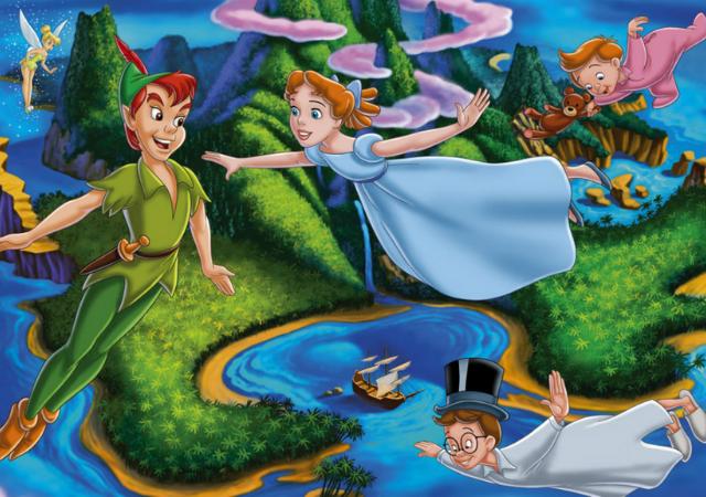 Ilustração do Texto 1: Peter Pan, Wendy, João e Miguel voando sobre a Terra do Nunca, com um barco pirata ao fundo.
