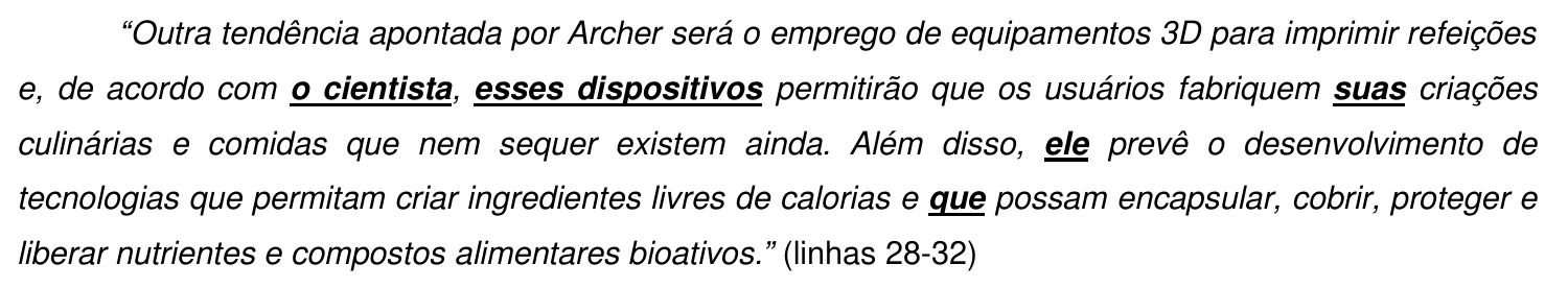Reprodução do parágrafo citado na questão 16 como impresso, em itálico: os termos “o cientista”, “esses dispositivos”, “suas”, “ele” e “que” aparecem em negrito e sublinhados.