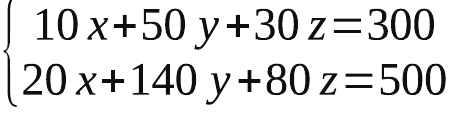 Sistema de duas equações: 10x + 50y + 30z = 300 e 20x + 140y + 80z = 500.