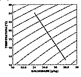 Diagrama T-S (C): temperatura (°C) de 12 a 26 e salinidade (g/kg) de 33 a 36, com isopicnais curvas; a curva T-S é uma reta que desce da esquerda para a direita, de aproximadamente (34; 24 °C) a (35,5; 13 °C).