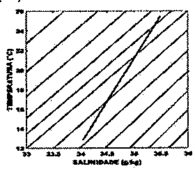 Diagrama T-S (D): temperatura (°C) de 12 a 26 e salinidade (g/kg) de 33 a 36, com isopicnais retas inclinadas; a curva T-S é uma reta íngreme que sobe da esquerda para a direita, de aproximadamente (34; 13 °C) a (35,8; 26 °C).