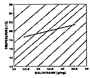 Diagrama T-S (E): temperatura (°C) de 12 a 26 e salinidade (g/kg) de 33 a 36, com isopicnais retas inclinadas; a curva T-S é uma reta pouco inclinada que sobe da esquerda para a direita, de aproximadamente (33,5; 19 °C) a (35,6; 21 °C).