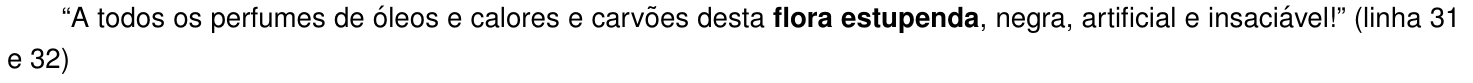 Alternativa D: “A todos os perfumes de óleos e calores e carvões desta flora estupenda, negra, artificial e insaciável!” (linha 31 e 32) A expressão “flora estupenda” aparece em negrito.