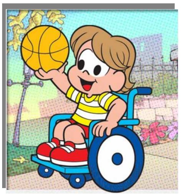 Ilustração do menino Luca, sorridente, sentado em uma cadeira de rodas azul, segurando uma bola de basquete no alto, em um parque.